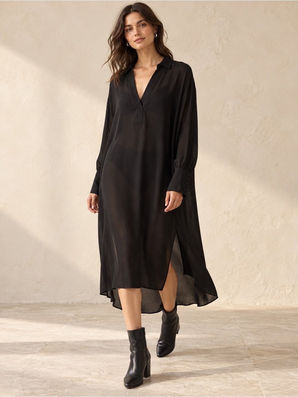 NWT H&M XS Black Tencel Lyocell Sheer High-Low Maxi Shirt Dress